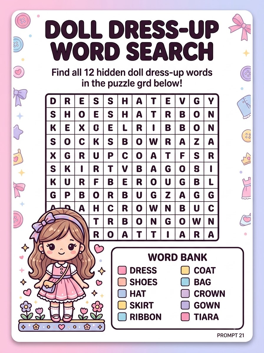 Doll Dress-Up Word Search — colorful grid with illustrated character and 12 hidden words